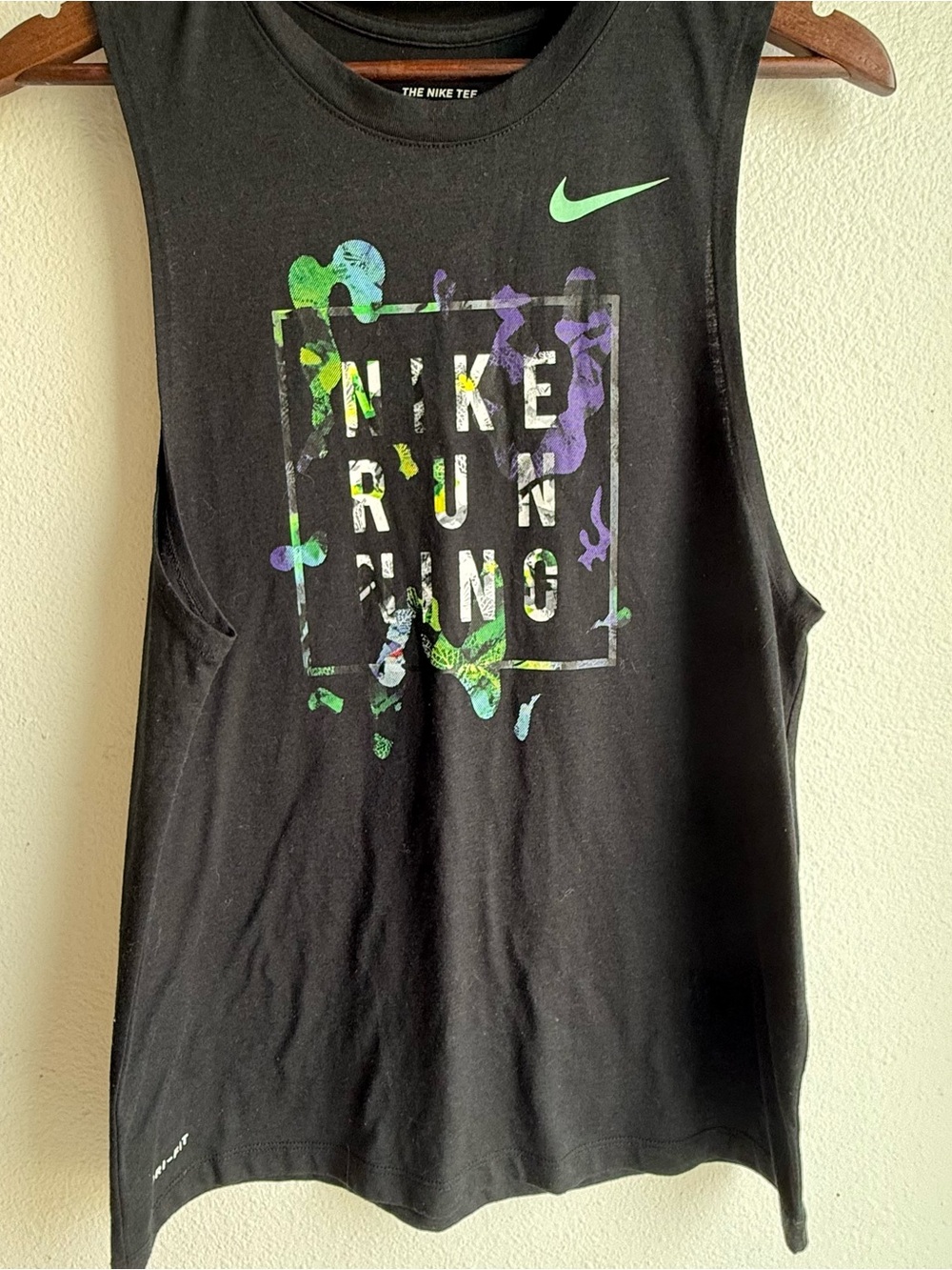 Nike Black Sleeveless Running Tank with Green and Purple Accents
